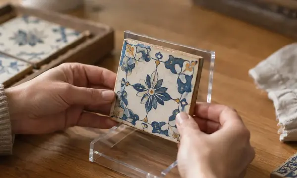 Cómo exhibir un azulejo decorativo europeo de 1930 a 1950 sin perforarlo ni pegarlo